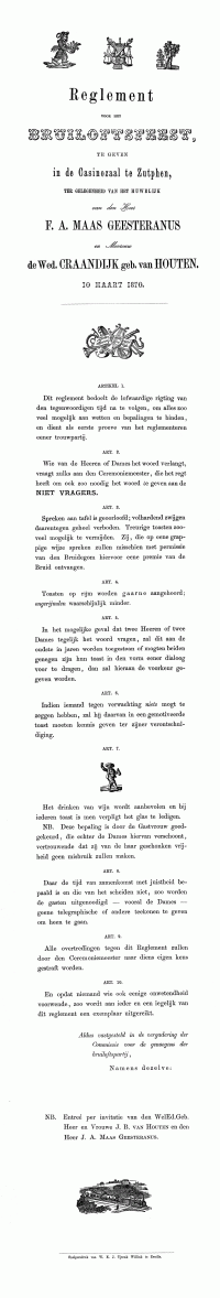 Reglement voor het Bruiloftsfeest van Fredrik Anton MG (1834-1894) en Iza van Houten (1834-1916) (1870-03-10)